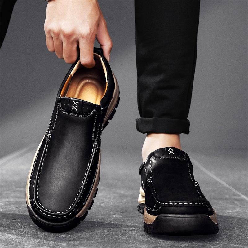 Fashion Mens Leather Shoes Slip On Casual Shoes Wear Resistant Anti Skid Round Toe Loafers Thick Bottom Dress Footwear All Season Soft S