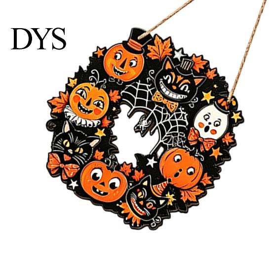 Halloween Theme Party Supplies Wooden Hollow Round Hanging Sign, Pumpkin Spider Web Haunted Ghost Bat Ornaments House Ornament with Hemp Rope, Festive