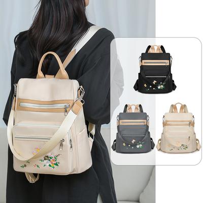 Women's Embroidered Backpack Multifunctional Shoulder Bag Nylon Lightweight Student Schoolbag