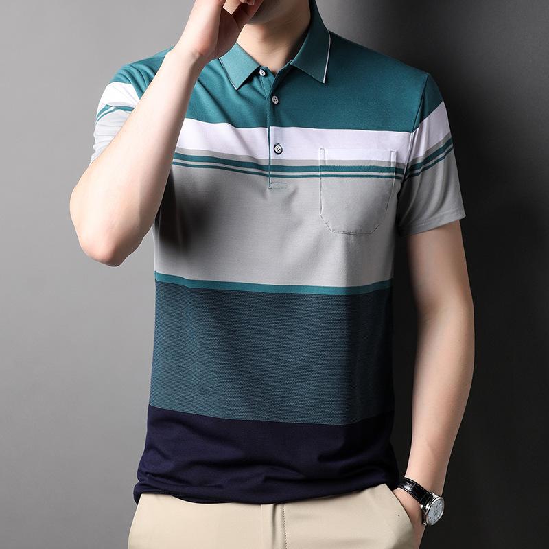 Striped Real Pocket Short-Sleeved Lapel T-Shirt, Father Dress Casual Polo Shirt Breathable Top Men