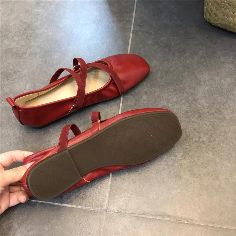 Spring Ballet Flat Shoes Women Comfy Leather Shoes 2025 Women Luxury Women Square Toe Flat Mary Janes Ladies Shoes Double Buckle