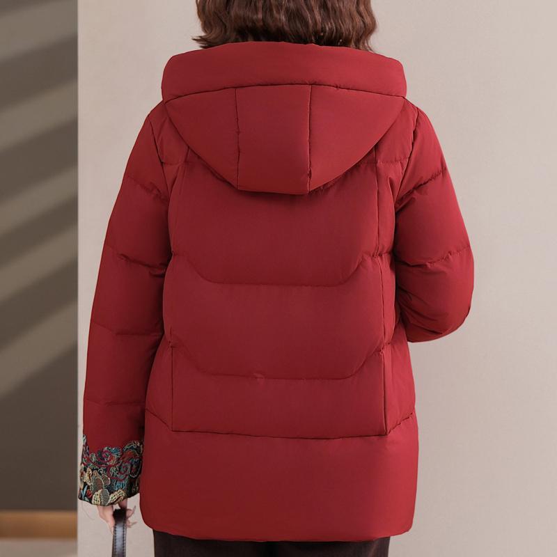 Plus Size Middle Age Women's Winter Down Jackets Hooded Thick Warm Embroidery Down Coats Woman Outerwears