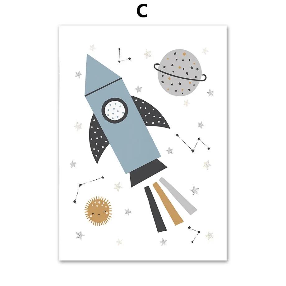 Modern Minimalist Cartoon Rocket Space Planet HD Canvas Wall Art for Kids Bedroom  Living Room Decor  Perfect Poster Prints for