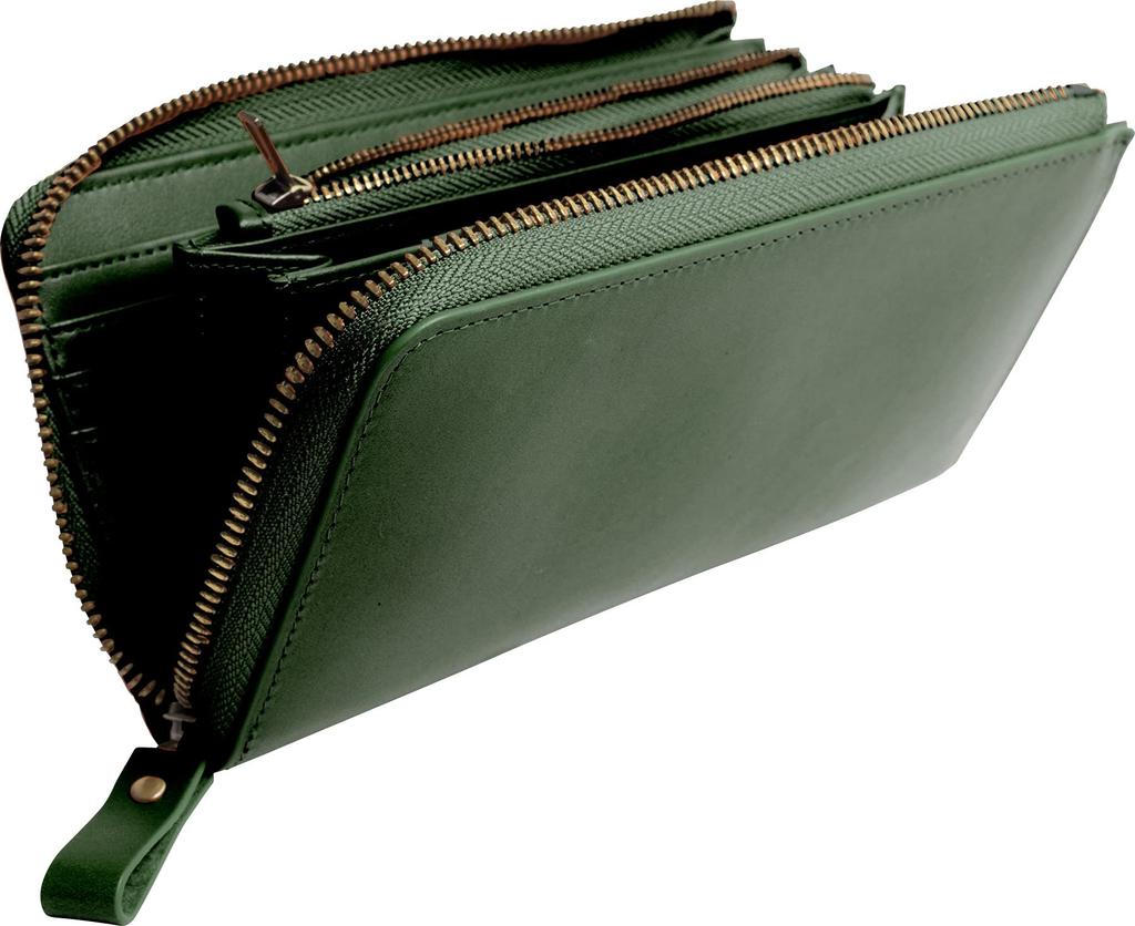 Large Genuine Italian Card Holds 15 Wide Green [Dom Teporna] Wallet, Capacity, Men's, Women's, Leather, Leather, Case, Cards, L-shaped Zipper,