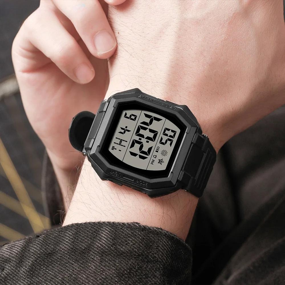 Men Digital Watch Outdoor Sports Multifunctional Waterproof Shock Resistant Large Screen Display Luminous Wristwatch