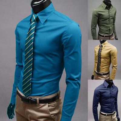 Fashion Men Solid Color Slim Fit Long Sleeve Button Turn Down Collar Shirt Top