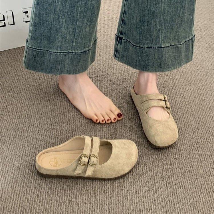 

New retro bag head half slippers women s outer wear spring and summer one-pedal lazy Mary Jane single shoes 35 абрикосовий