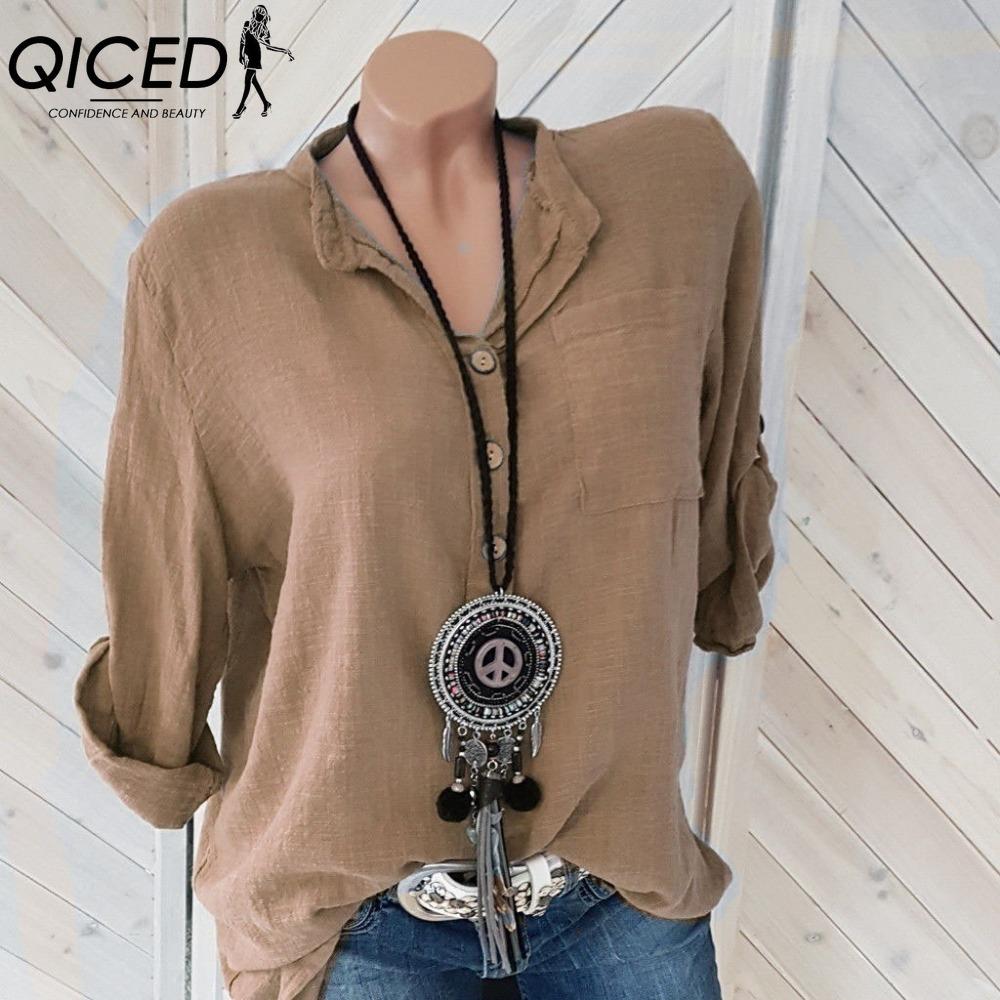 

QICED Женская Мода Повседневный Однотонный Принт Длинный Рукав Воротник ПОЛО Блузки и Рубашки XXXXXL