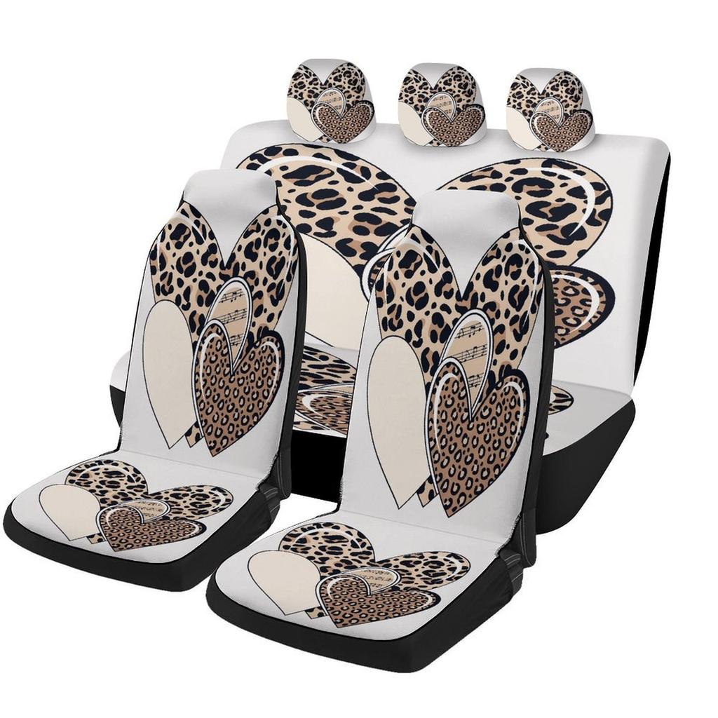 Heart Leopard Pattern Themed Car Seat Cover Set For Most Cars, Trendy High-quality Car Seat Protector Covers Full Set, Universal