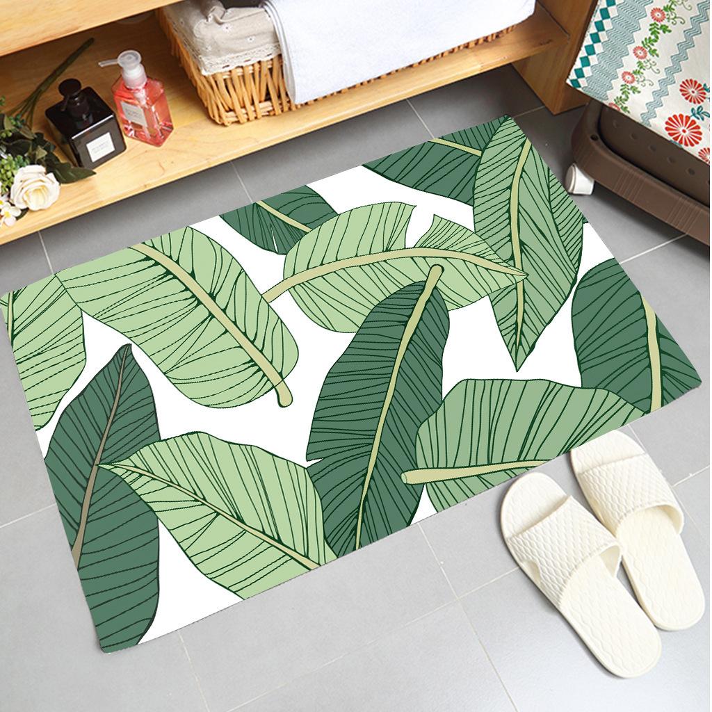 Soft Non-slip Absorbent Flannel Door Mat with Green Plant Design Washable Bathroom Kitchen Rug Home Decoration Carpet