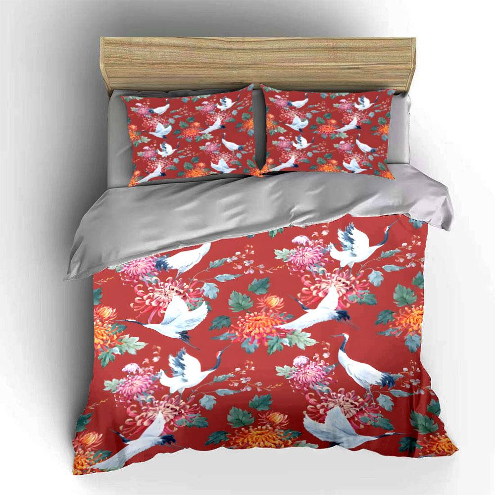 Red background with cranes and chrysanthemums Print Bedding Set 1 Duvet Cover 2 Pillowcases for Adult and Children Luxury Gift