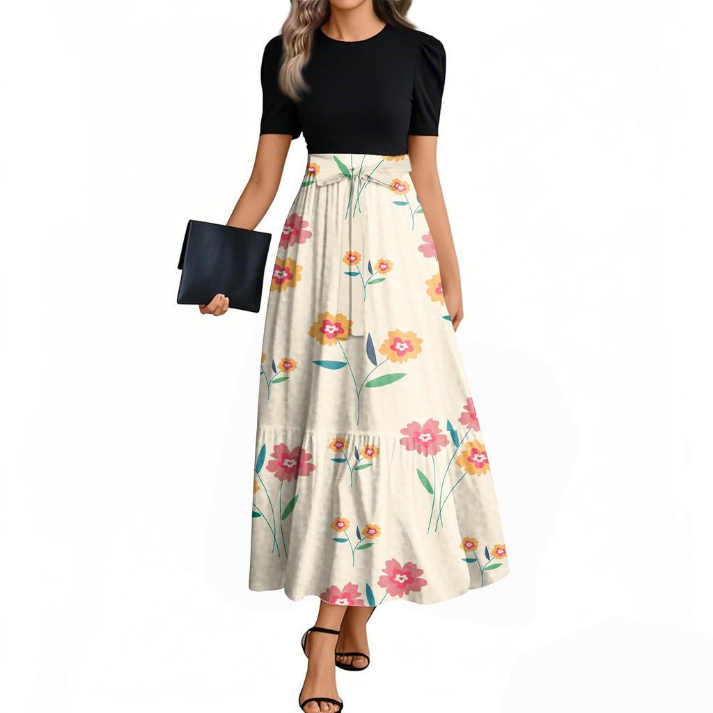 Women's Fashion Casual Belt Short Sleeve Round Neck Floral Stitching Elegant Temperament Dress