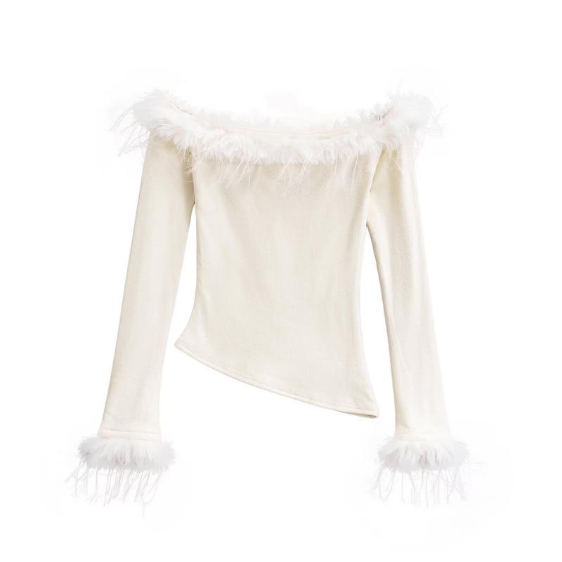 Chic Retro Off-Shoulder Fur Splice Long-Sleeve Top for Women