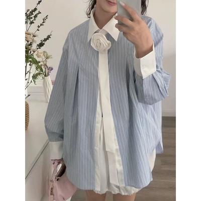 Flower Ribbon Blue Striped Woman Shirt Long Sleeved Button Up Turndown Collar Blouse Autumn Fashion Korean Version Women's Loose Top
