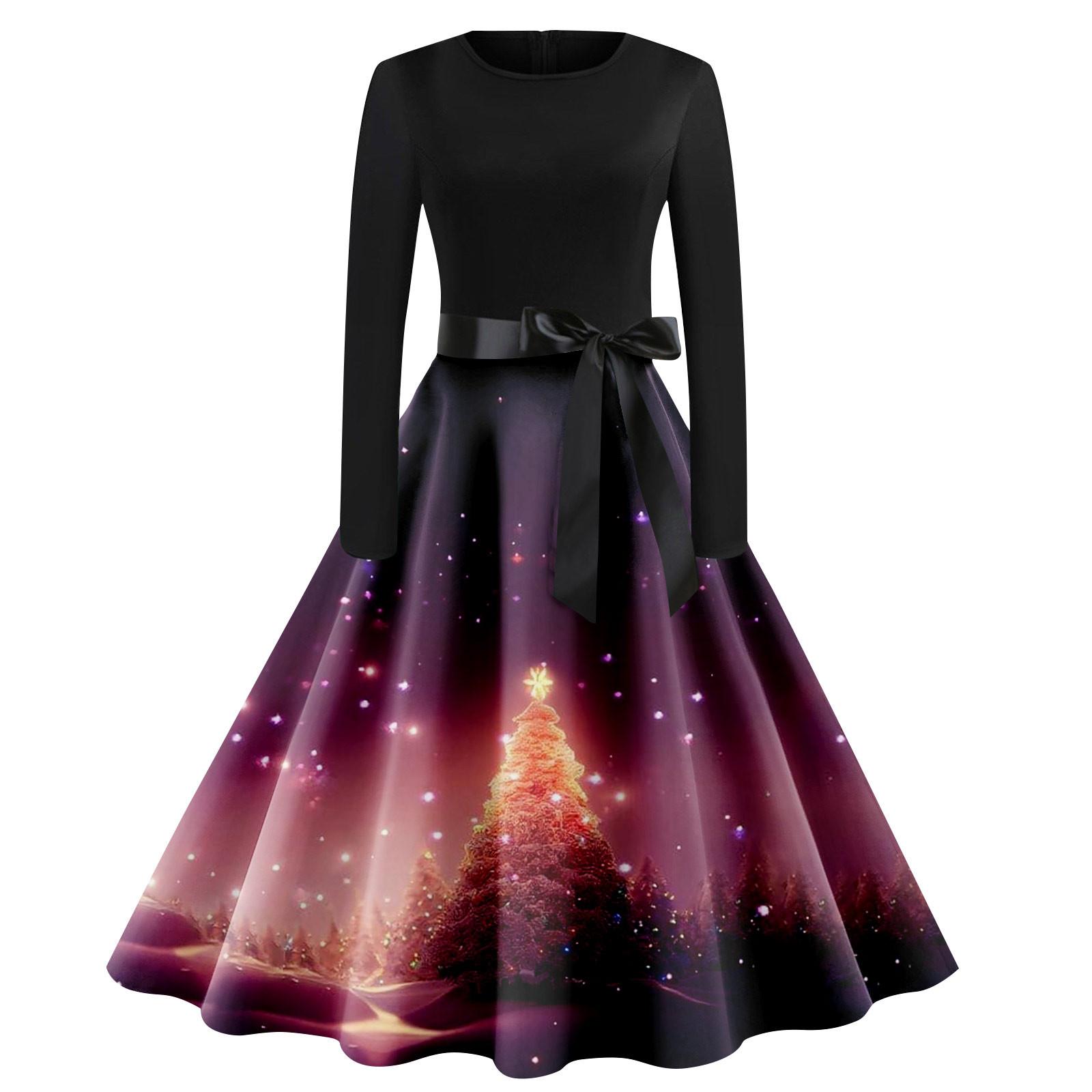 

Женское винтажное классическое платье с воротником на талии и галстуком-бабочкой с длинными рукавами и рождественским принтом, с круглым вырезом, свободное платье XL фиолетовый
