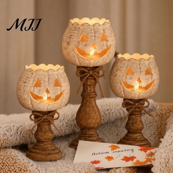Distressed Resin Pumpkin Ornaments Rustic White Tealight Candle Holder Set, Farmhouse Halloween Tea Light Decorative Lanterns for Autumn Holders