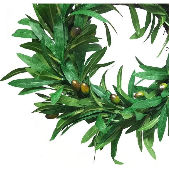 14 Inch Artificial Olive Wreath - Handcrafted Garland Branch Ornaments, Faux Front Door Hanging With Green Leaves and Fruit - Great for Wedding,