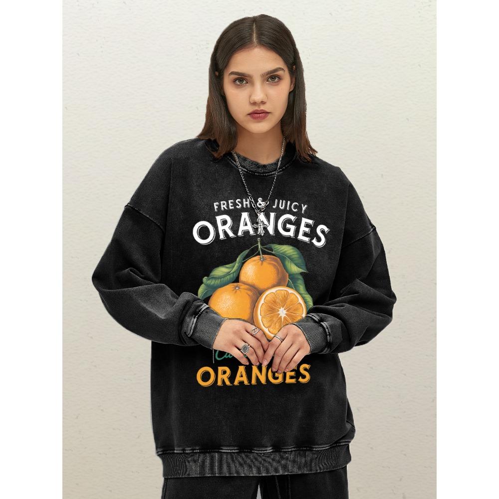 

Женский выстиранный свитшот с принтом свежих сочных апельсинов, осенняя хлопковая одежда, повседневный пуловер с круглым вырезом, свободная спортивная одежда S