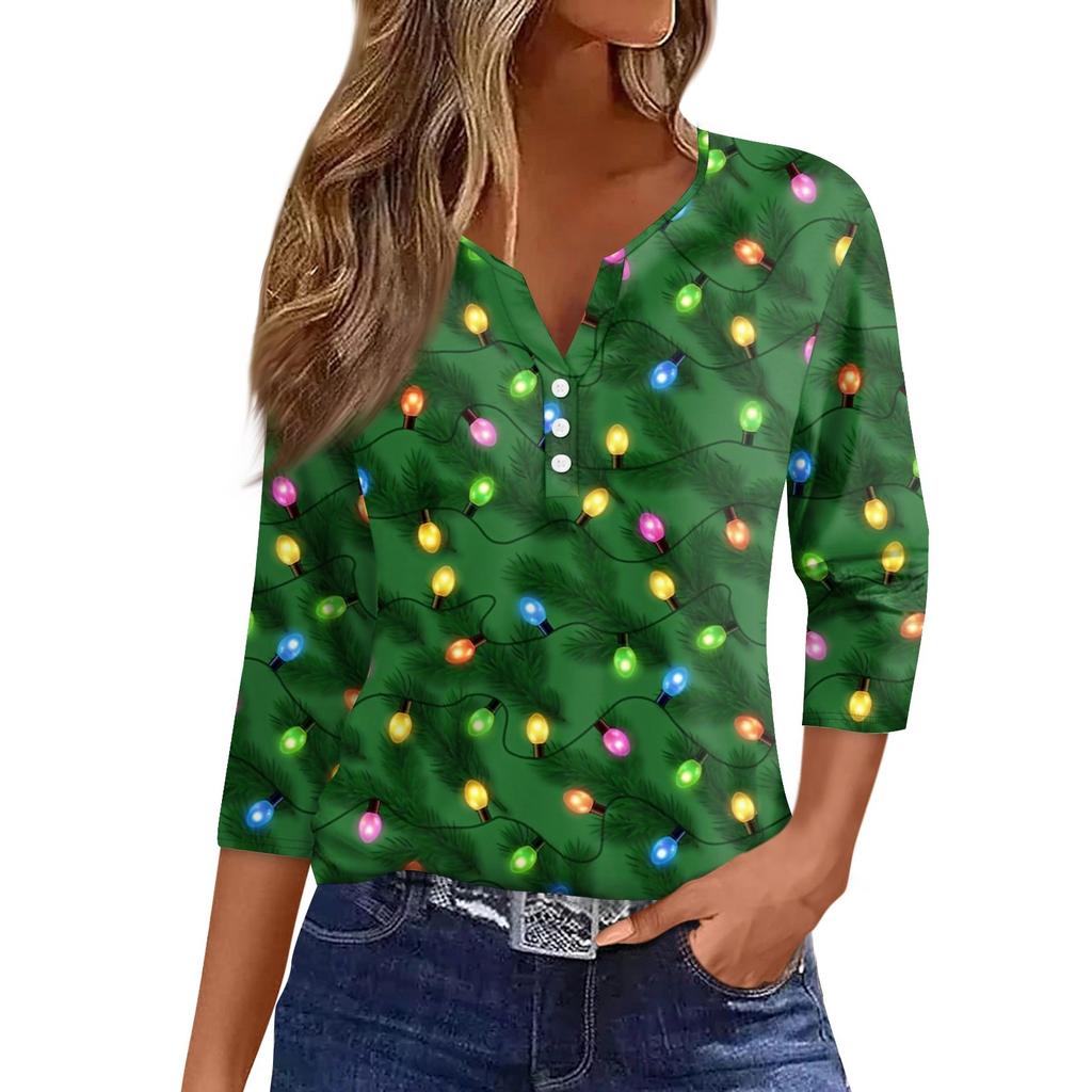 Women's T Shirt Tee Christmas Print Button 3/4 Sleeve Daily Weekend Fashion Basic V Neck Regular Top