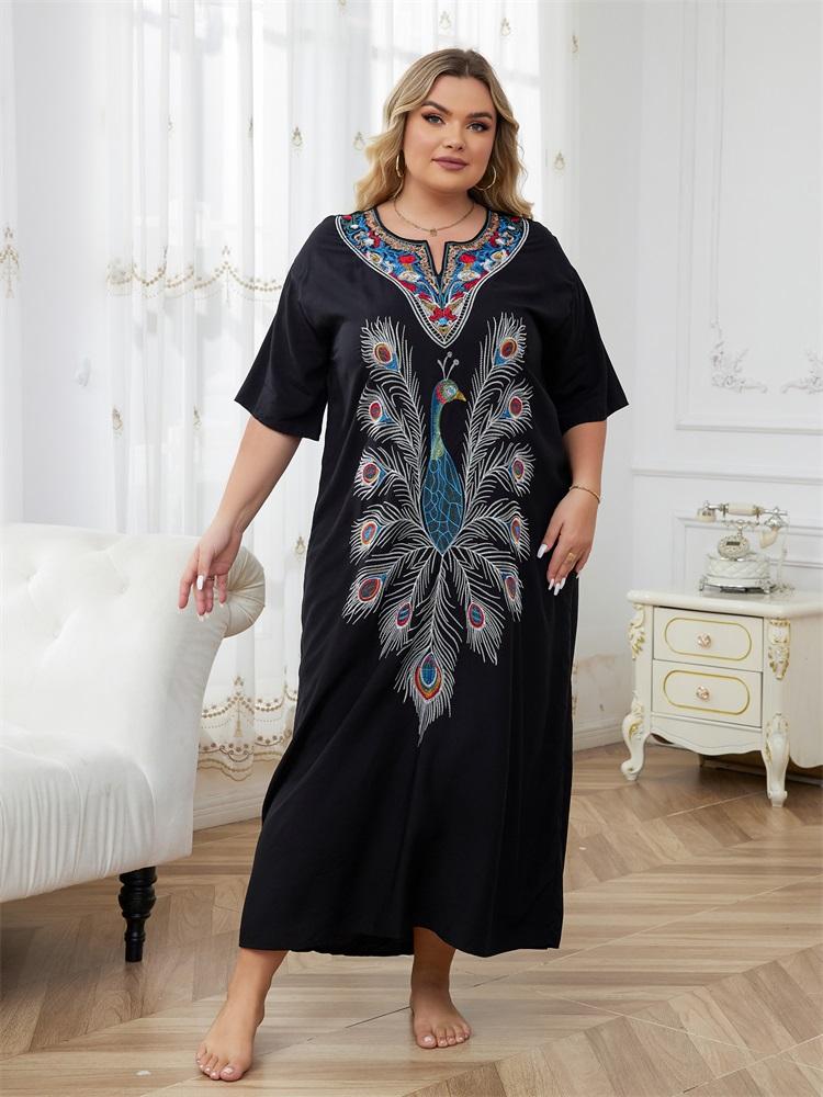 

2024 Элегантный золотой вышитый большой размер черный кафтан сексуальный купальный костюм накидка для женщин летний V-образный вырез короткий рукав пляжная одежда уютное домашнее платье One Size чёрный