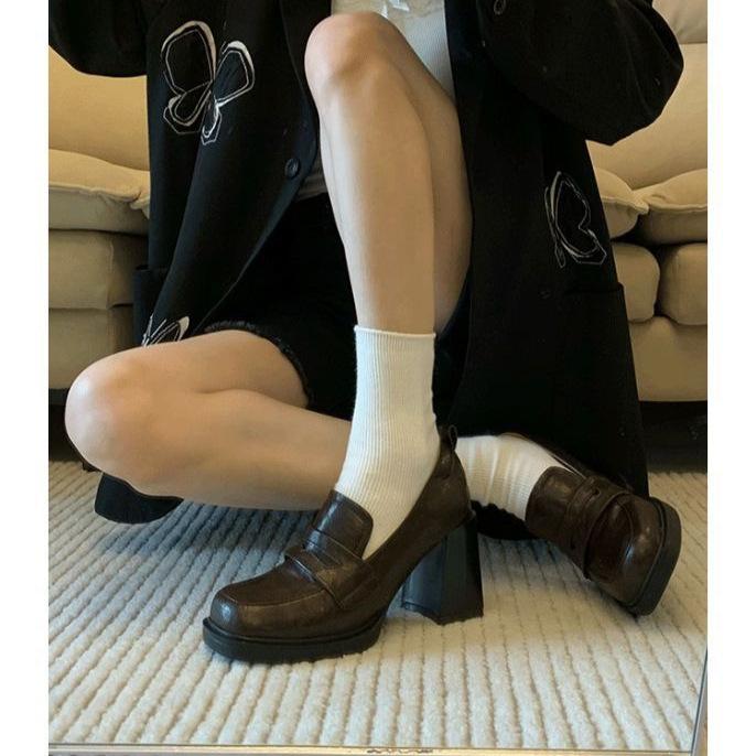 Retro British Style One-pedal Loafers Women's 2025 Autumn and Winter New High-heeled Small Leather Shoes Women's Thick-soled Thick-heeled Single Shoes