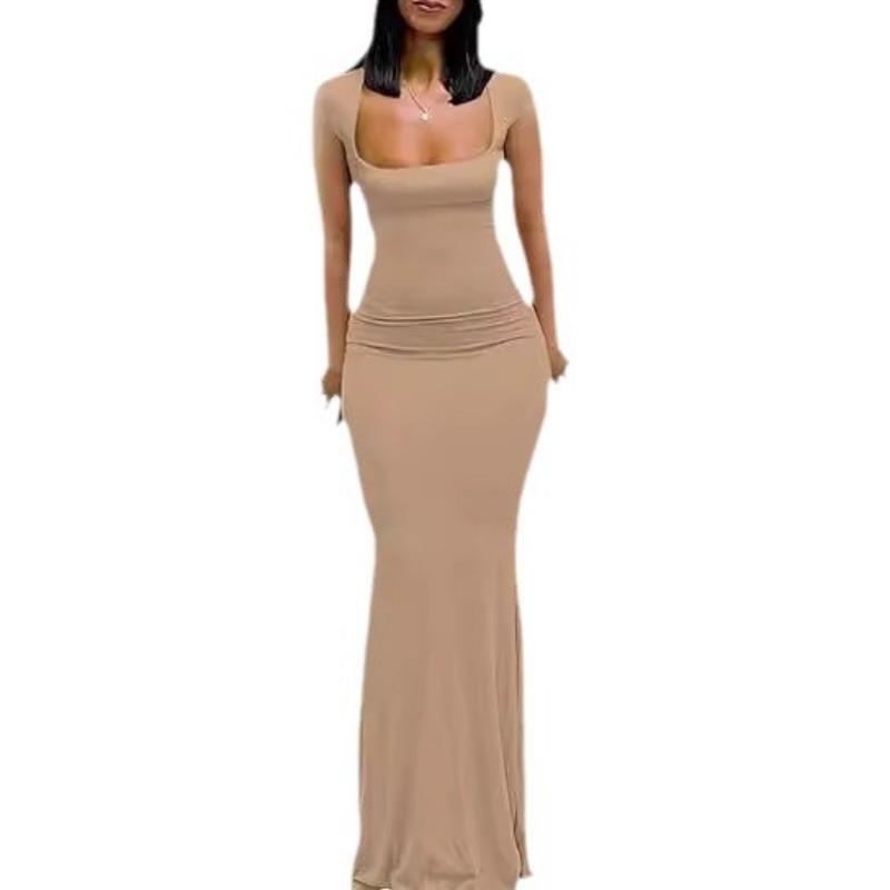 Dámské elegantní neformální večerní šaty dlouhého střihu se čtvercovým límečkem s letním rukávem