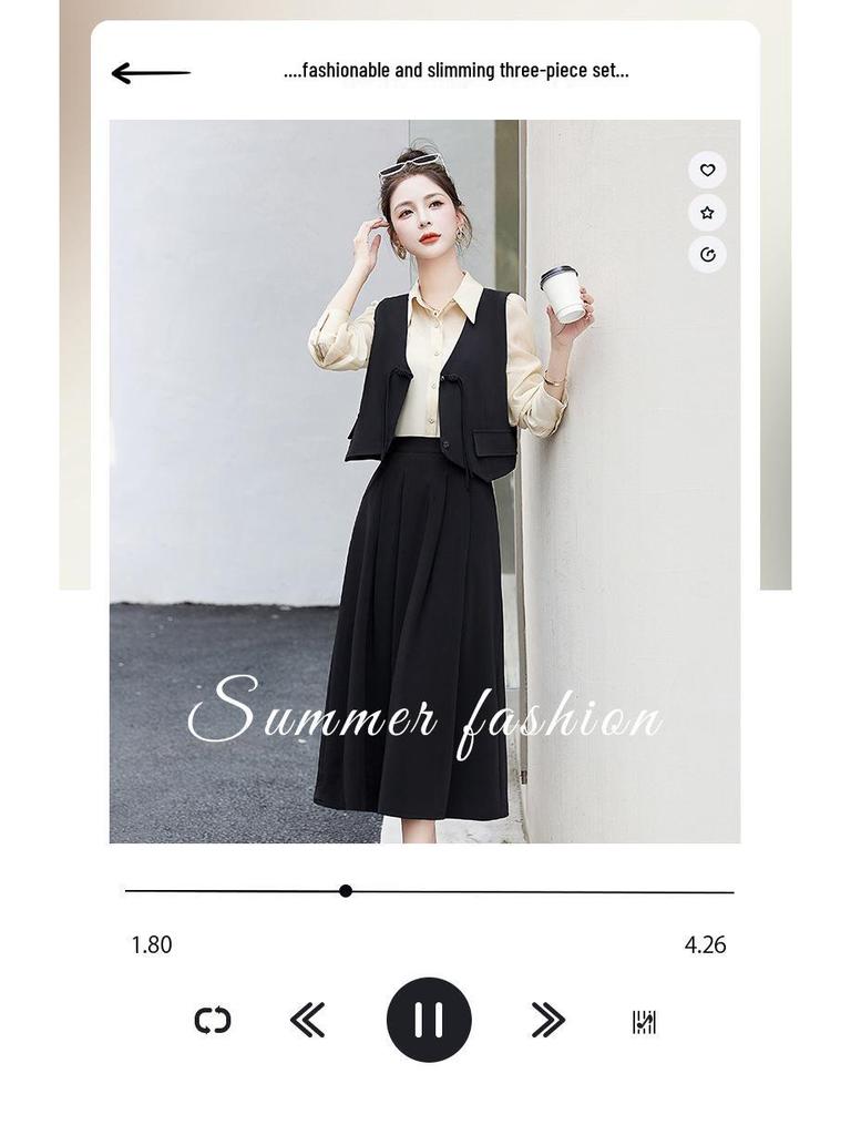 Autumn 2024 Retro Socialite Three-Piece Set: Frog Button Vest, Midi Skirt, Inner Layer Shirt - YE6206