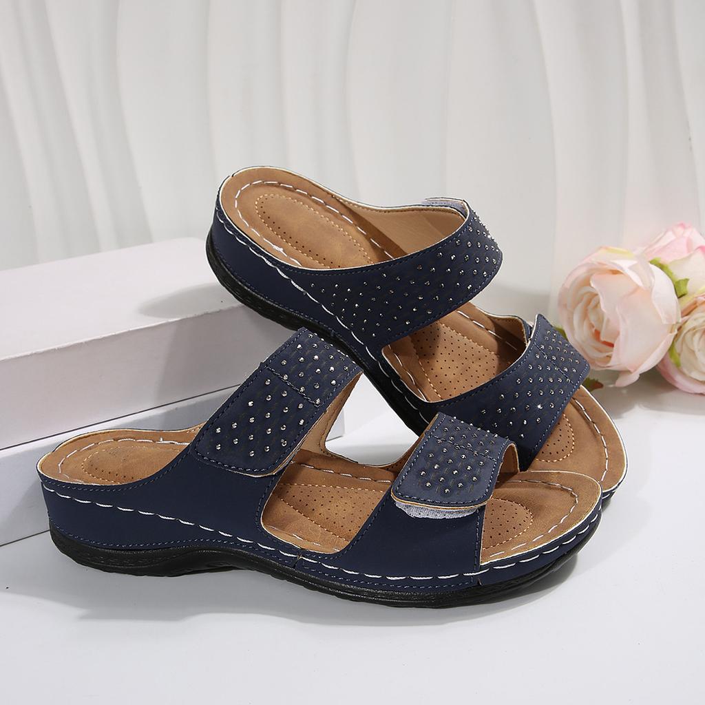 2025 Summer New Foreign Trade Women's Shoes Hollow European and American Velcro Sandals Wedge Heel Large Size Women's Color Matching Cool Slippers