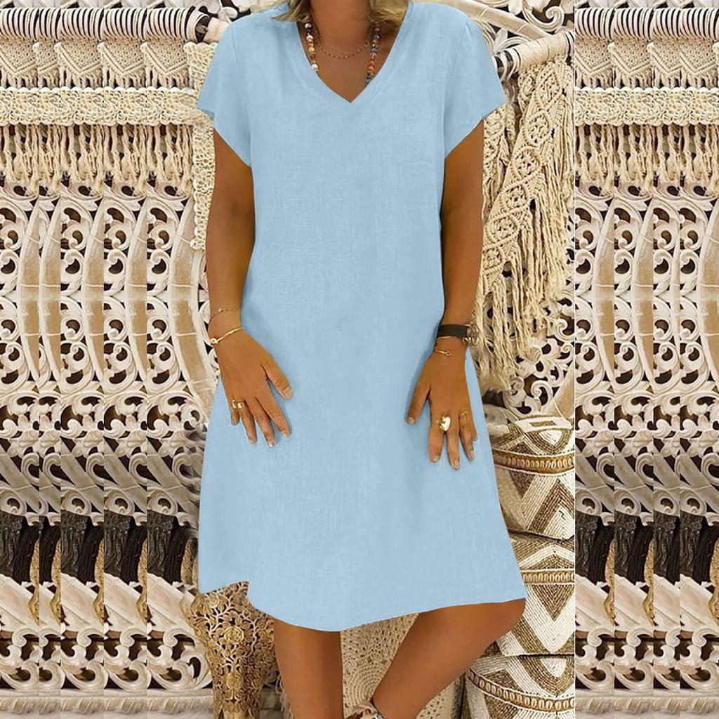 YYFS Women's Fashion Summer Spring Solid Color Print Short Sleeve V-Neck Loose Waistline Casual Dresses