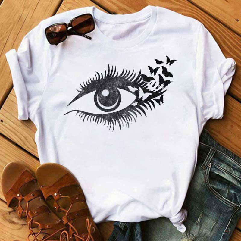 Maycaur Fashion Graphic Women Tops Eyelashes Print Kawaii Lashes Women T Shirt Tee Funny Makeup Aesthetic Shirt Camisas Mujer