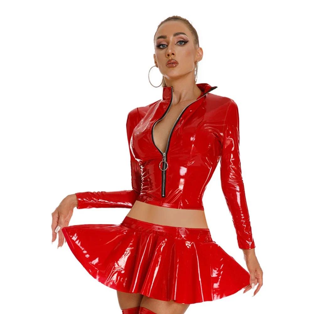 Sexy Women 2 Pcs/Set Glossy Shiny Flared Pleated Skirt Wetlook Pu Faux Leather Ruffled Mini Skirt With Short Top Dance Wear