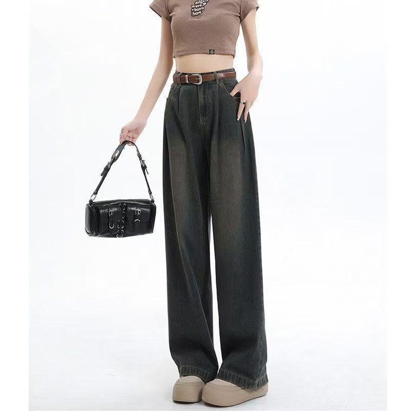 Women High Waist Pleated Wide Leg Jeans Lazy Draped Straight Floor-Length Denim Trousers Fashion Loose Long Pants