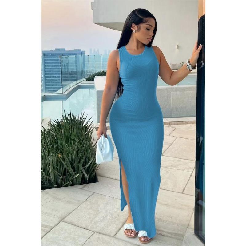 

YYFS Женская мода Лето Весна Однотонный Принт Без рукавов Круглый вырез Высокая талия Повседневные платья XXXL павлин голубой