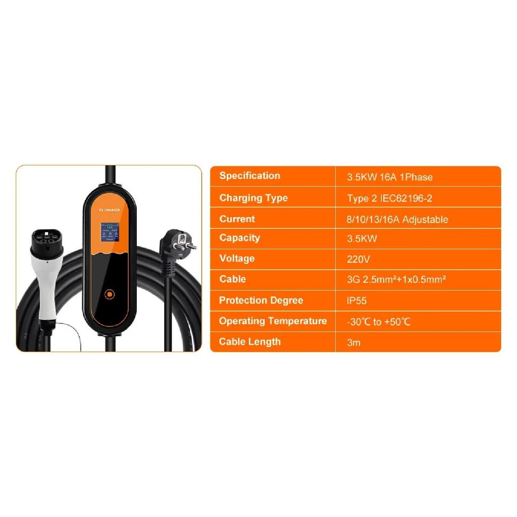 VODEXEV 3.5KW Type2 Portable EV Charger 16A 1Phase EU Plug US Plug EVSE Charging Current Adjustable Electric Vehicle Charging