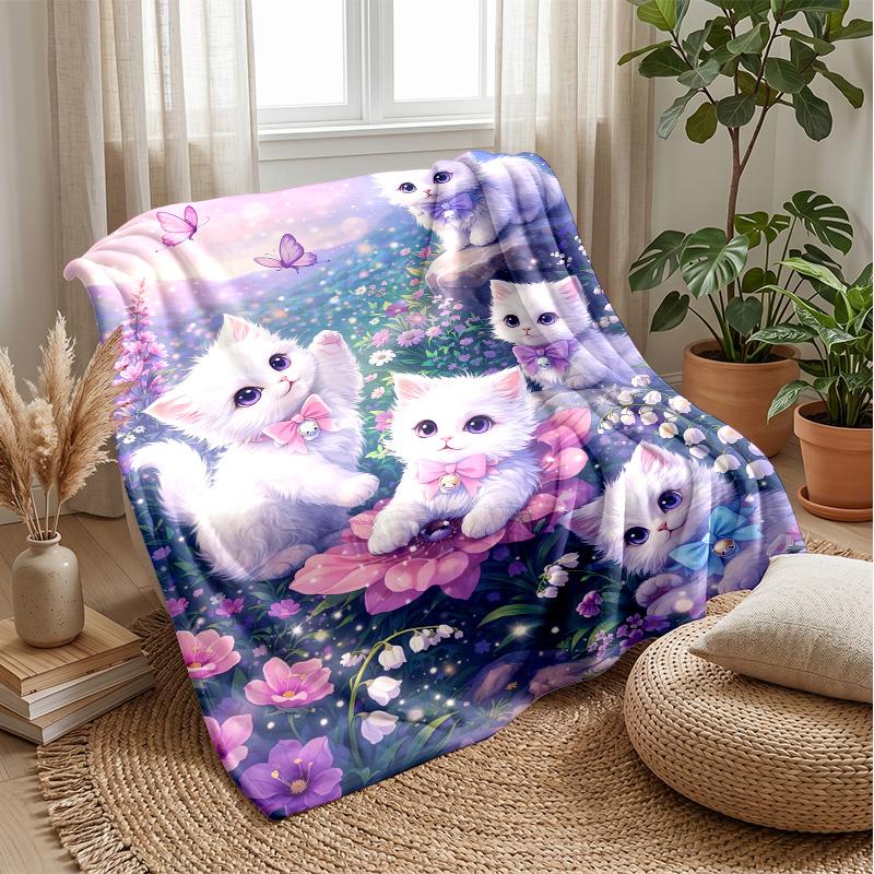 Cute Kitten with Dragonflies blanket Personalized Name Flannel Blanket Soft Cozy Plush Throw for Sofa Bed Lightweight Home Decor