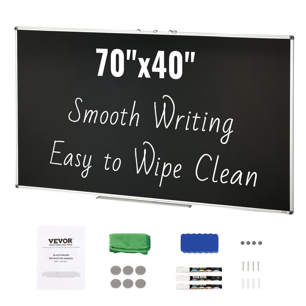 Black Board, 70 x 40 inch Large Chalkboard with Aluminum Frame, Black Boards Dry Erase Includes 1 Magnetic Erase & 3 Dry Erase Markers, Black Surface,