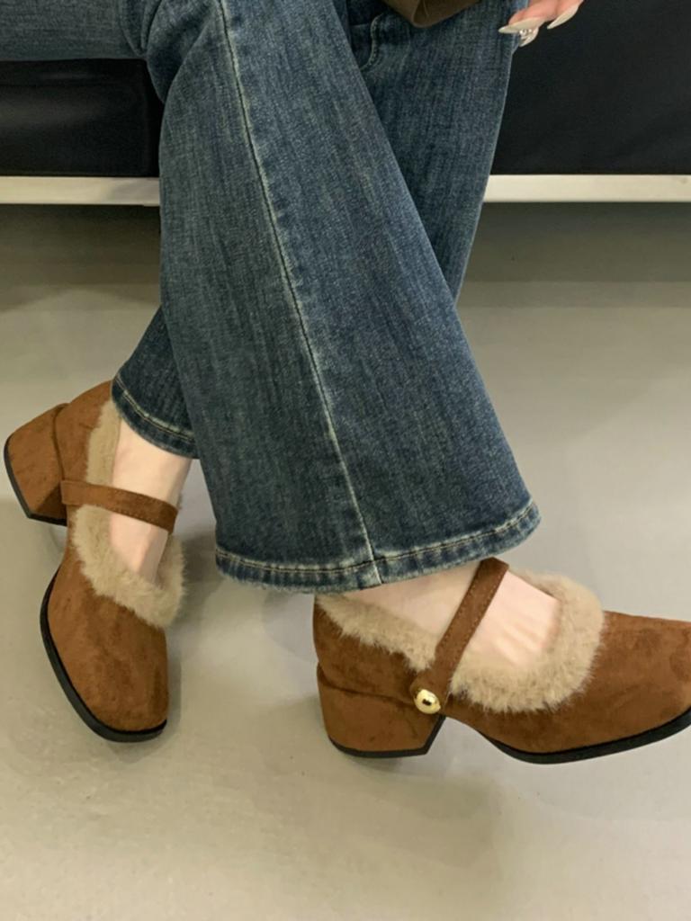 French Thick Heel Fluffy Shoes Women's Shoes Wear 2025 New Autumn and Winter Velvet Small Mary Jane All-inclusive Cotton Shoes