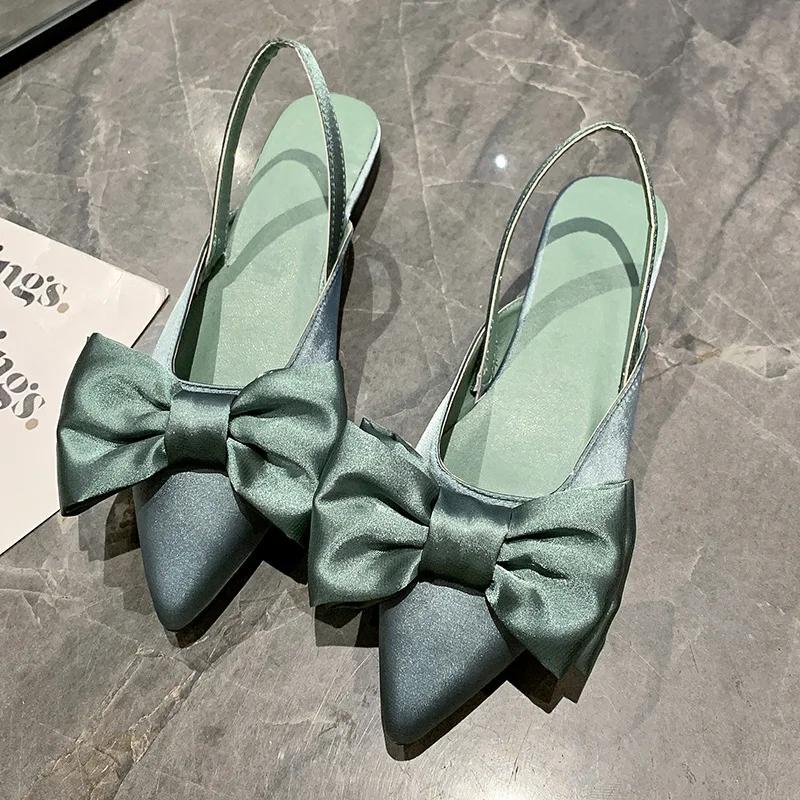Fashion Women Baotou Sandals Fashion Bow-knot Low Heels Pumps Female Silk Sexy Pointed Sandalias De Mujer Women's Shoes 2025