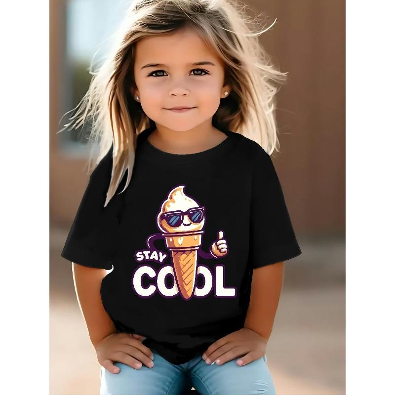 European sizes This Short-sleeved T-shirt for Girls Features a Fun Ice Cream Print with Fashion Glasses. It's Casual, Stylish, and Comfortable