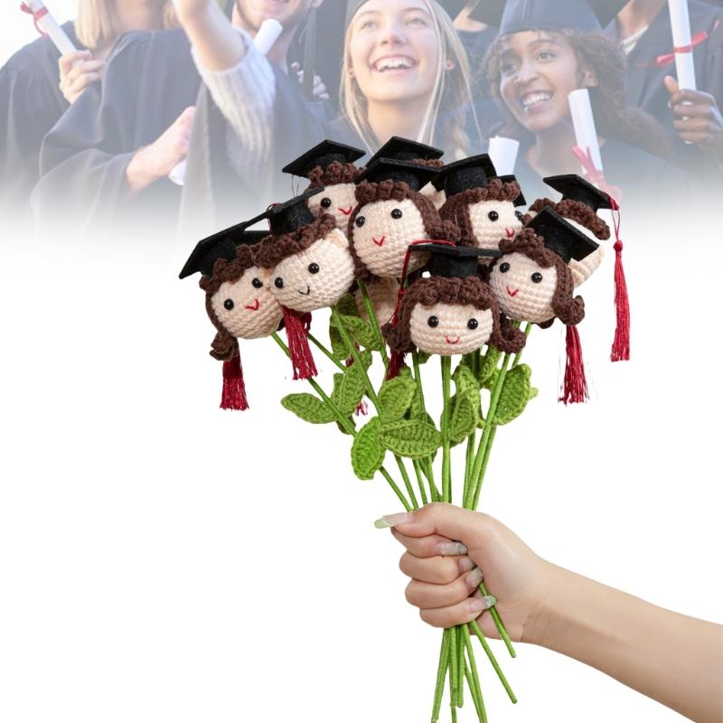 Soft Yarn Crochet Boy/Girl/Dog Flower Bouquet with Graduation Hat Academic Achievement Gift for Students and Teachers