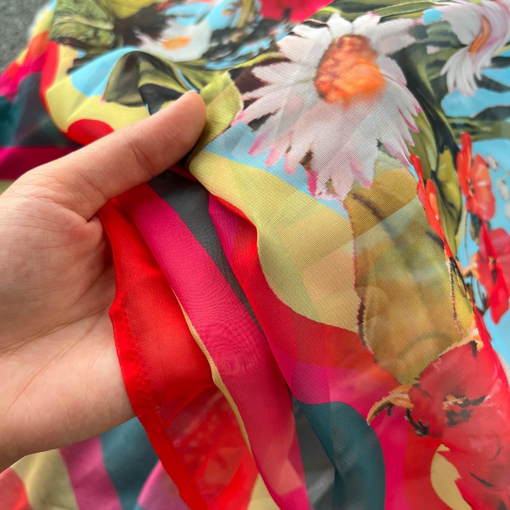 Böhmisches Vintage-Maxikleid für den Sommer, für Damen, O-Ausschnitt, Blumendruck, ausgestellte Ärmel, Chiffon, hohe Taille, lange Kleider