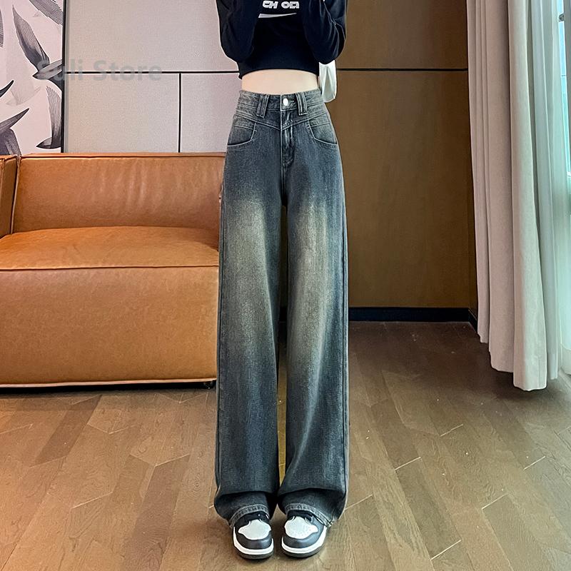 Retro Wide-leg Jeans Women s Fleece Thickened High Waist Loose and Thin American Star Pattern Straight Trousers XS