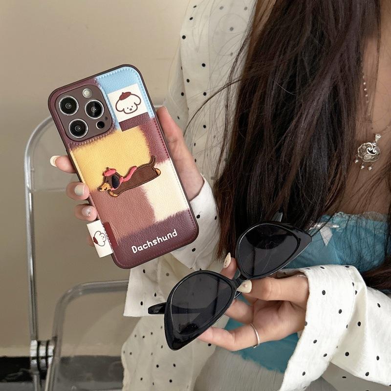 Cute 3D Dachshund Dog Color Block Phone Case, Leather Texture Protective Cover for iPhone