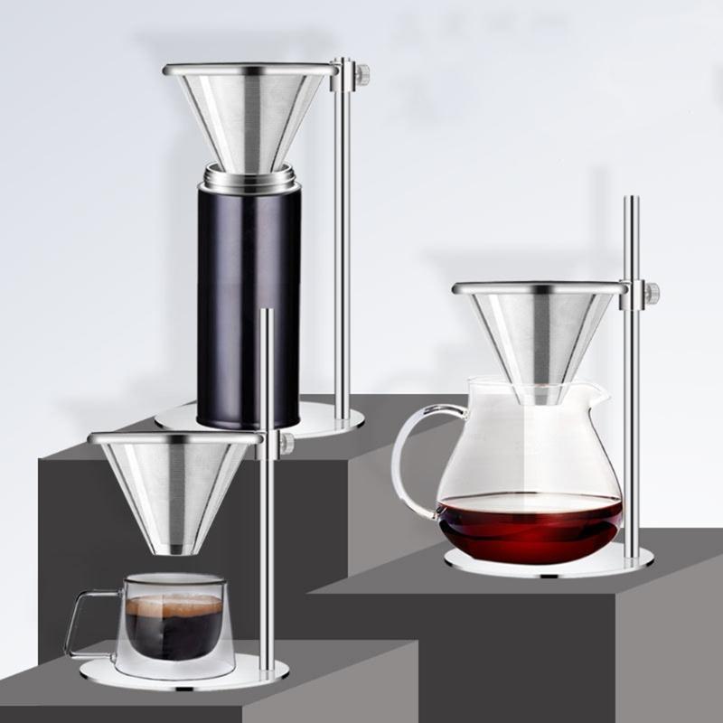 Adjustable Stainless Steel Coffee Maker Station Stand with Double Filter Freestanding Drip Cone Brewer