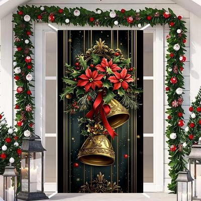 Christmas Vintage Wreath Bell Door Cover Photography Background Indoor Outdoor Porch Door Banner 2025 New Year Eve Decoration