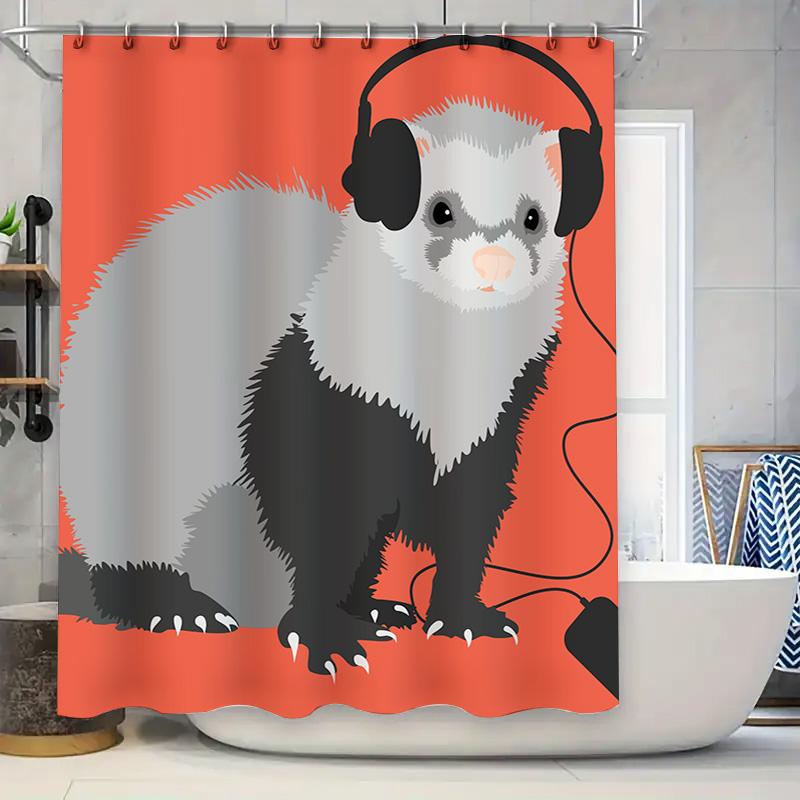 

Cozy Bath Time Decor: Ferret Headphones Shower Curtain With Black Frame Hooks For Bathroom Animal Print Home Accessories In Red W60H190(CM)-1 Pcs