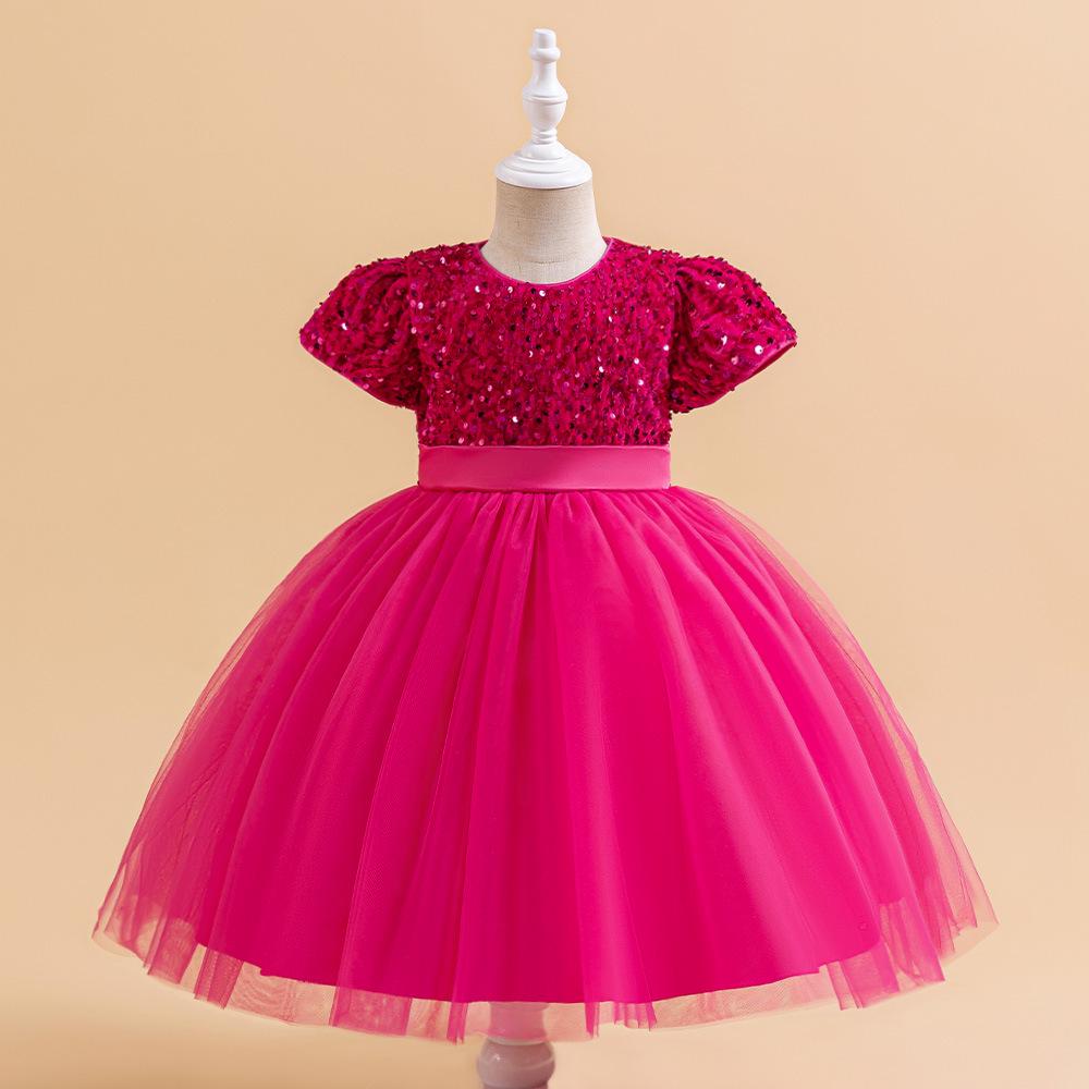 European & American Girls' Sequin Puffy Princess Dress with Bubble Sleeves for Catwalk and Evening Events