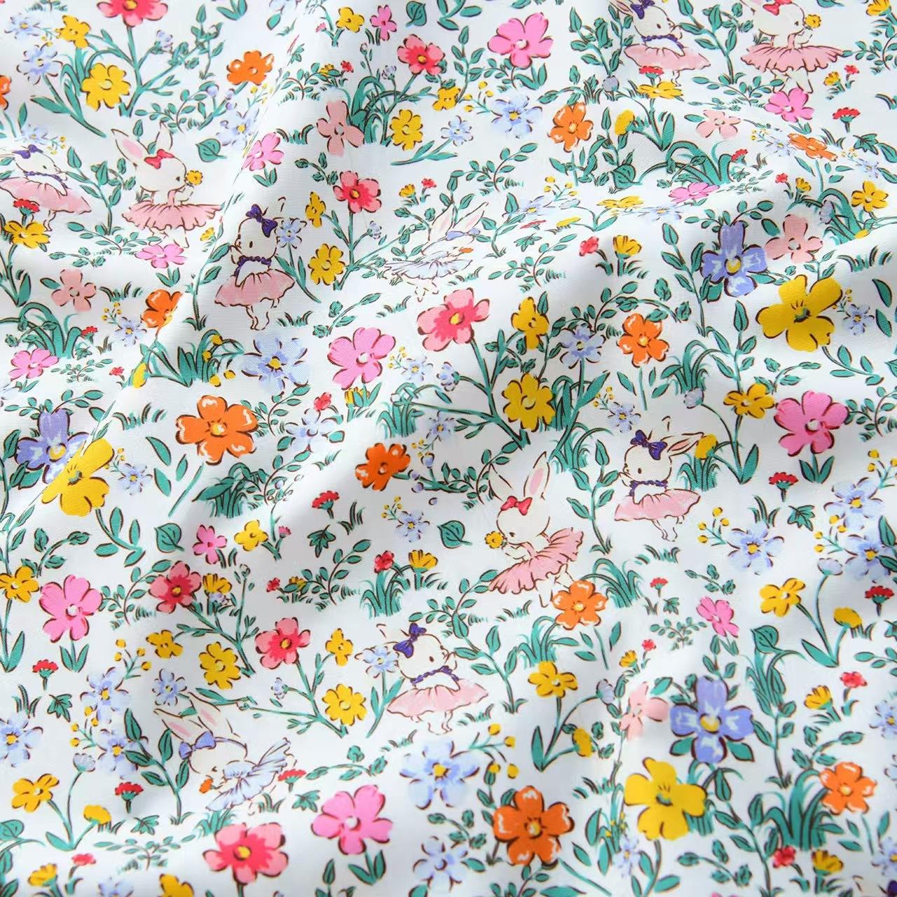 40s Poplin 100% Cotton Fabric,Cute Rabbit and Flower Design, DIY Handmade Material, Pure Cotton Cloth for Shirts, Dresses