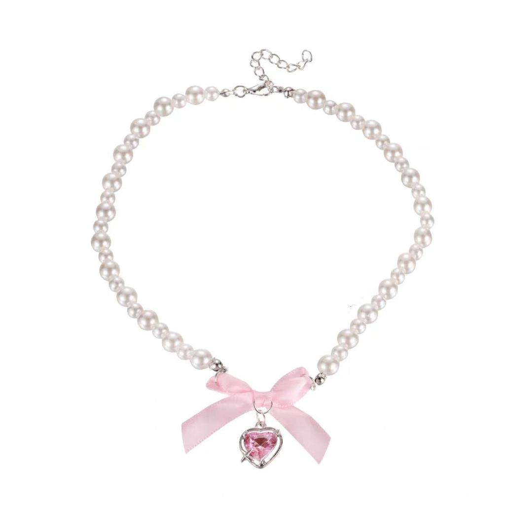 Love Bow Pearl Necklace, Girls Light Luxury Pink Sweetheart Niche Neck Chain