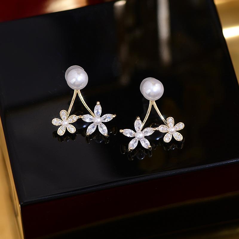 14K Real Gold Plating Korean  Fashion Jewelry Luxury Shiny Double Flower Pearl Earrings Exquisite Women's Daily Accessories